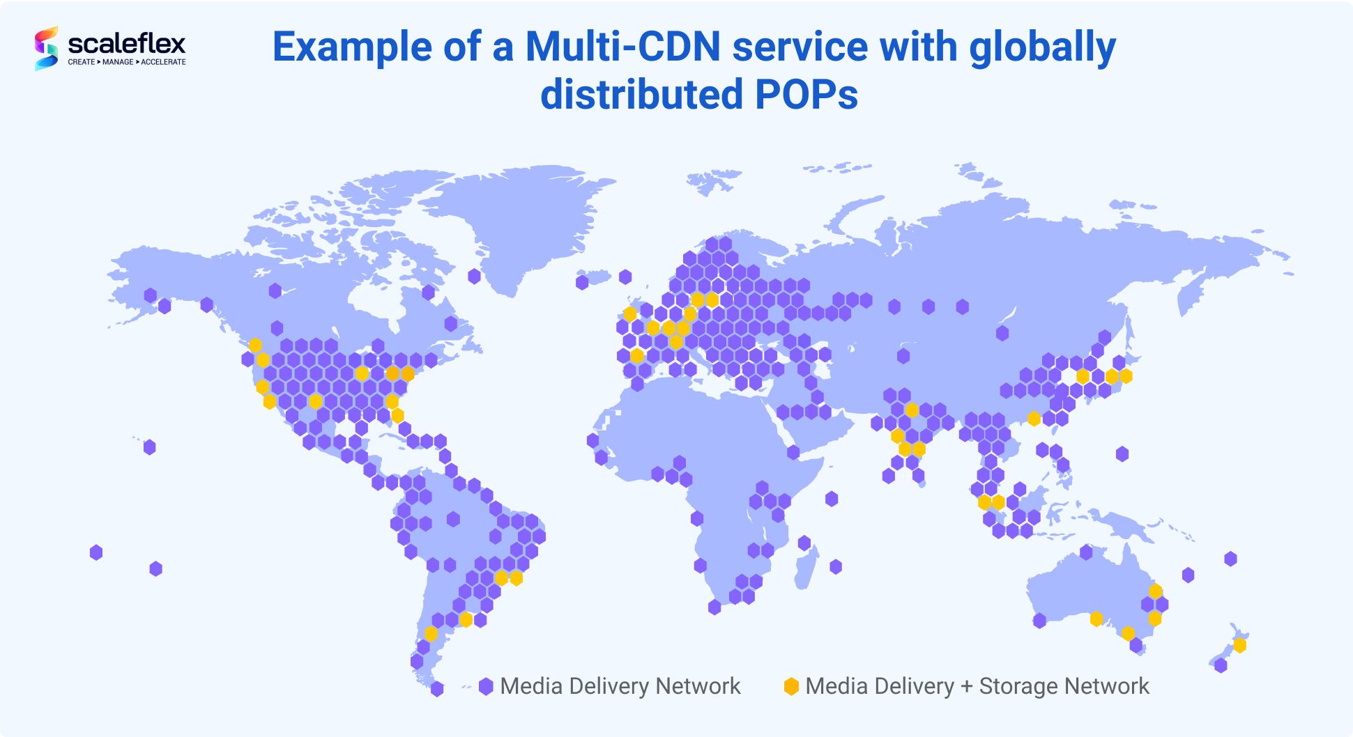 An example of multi-CDN service with global network of connected PoPs distributed in any continents