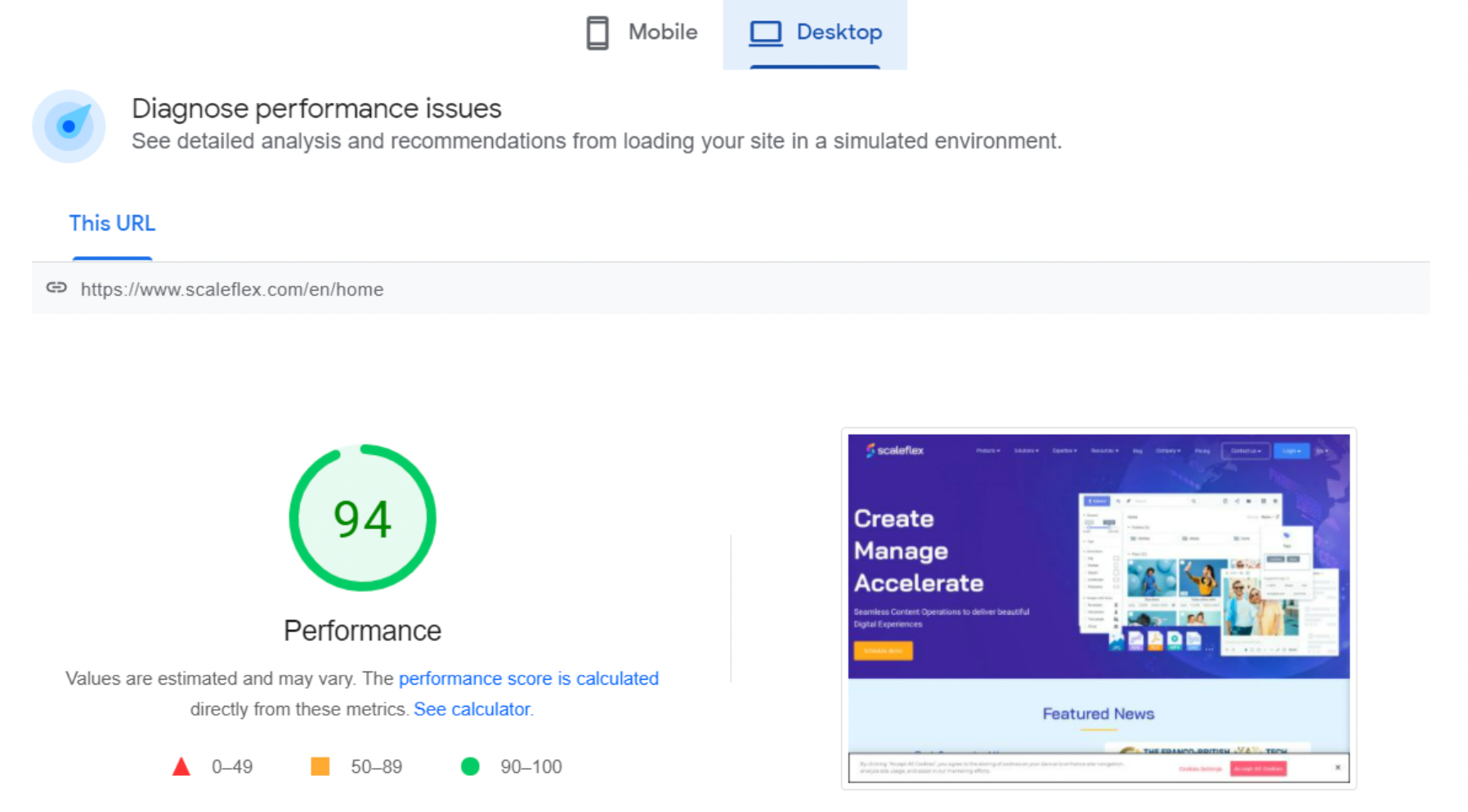 Sample page speed test