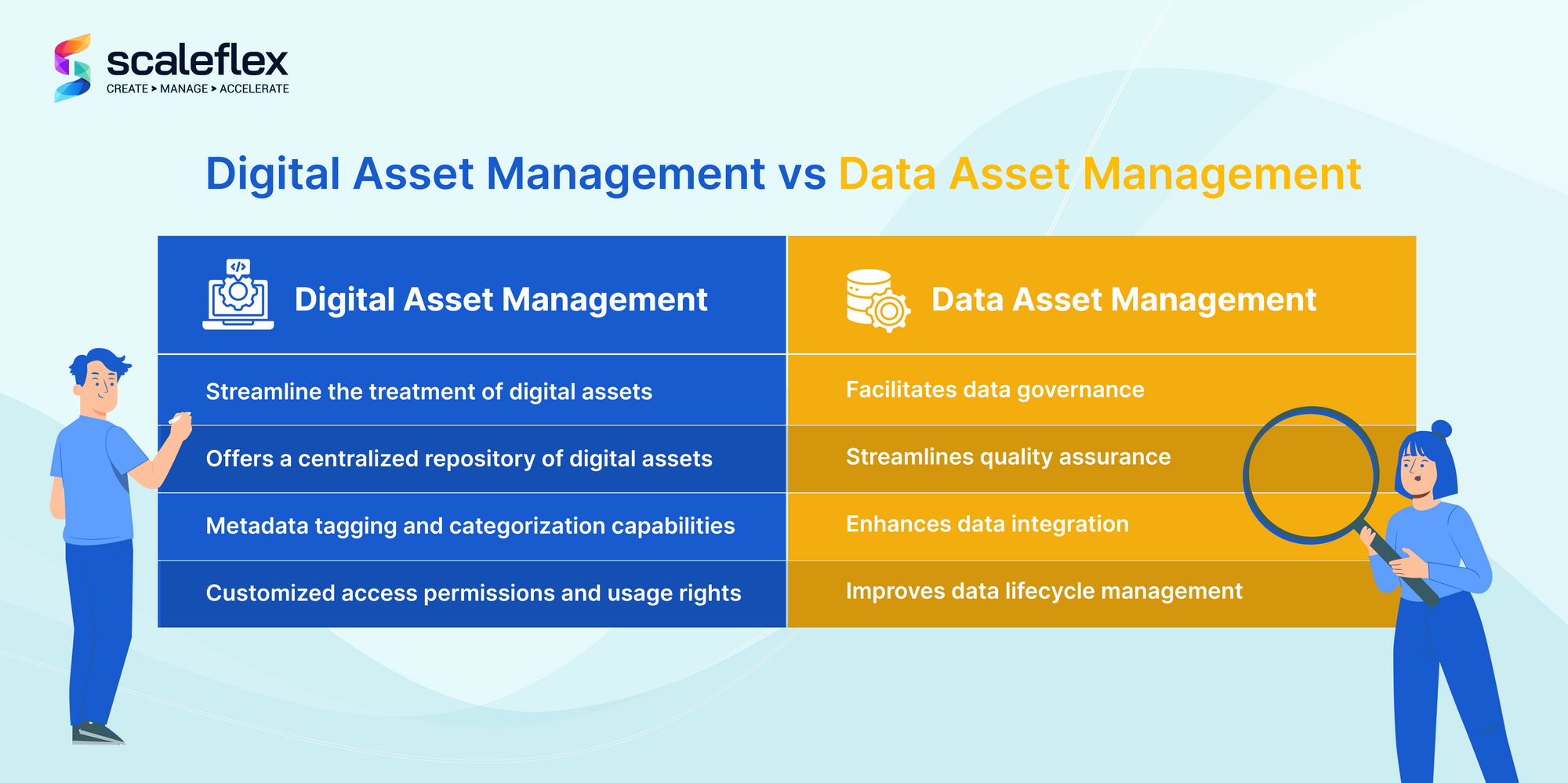 A board shows us the four main differentiators between a data asset management system and a digital asset management solution.