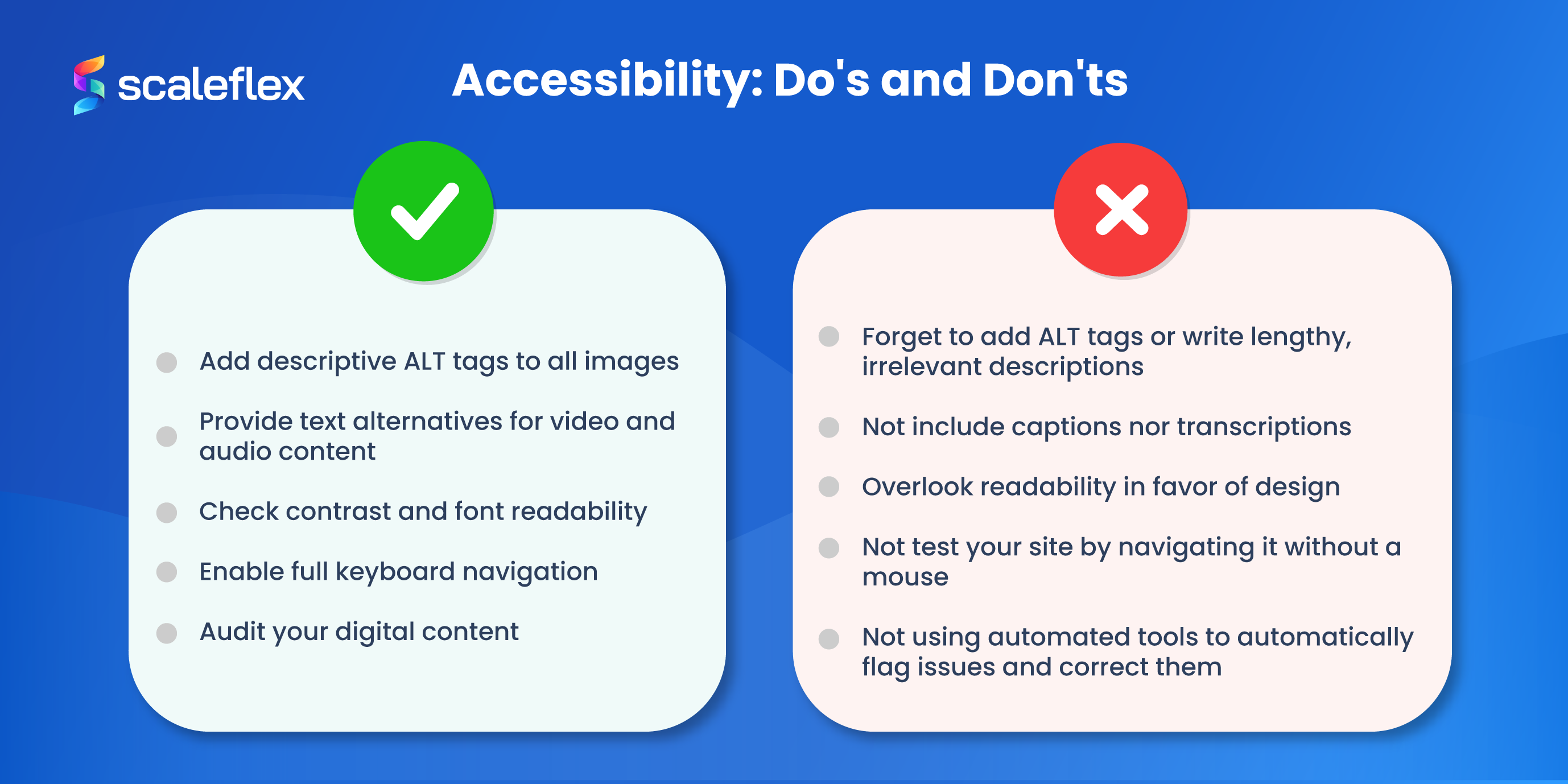 Two columns depict the do's and don't's of web content accessibility.